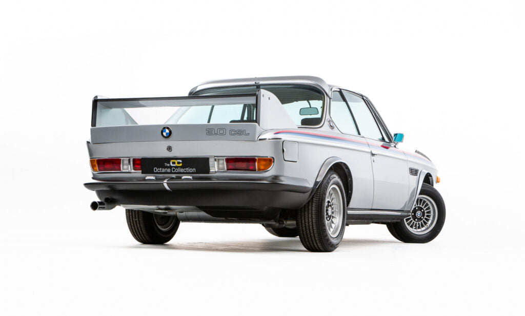 Vintage silver BMW 3.2 CSL Batmobile with rear wing in view