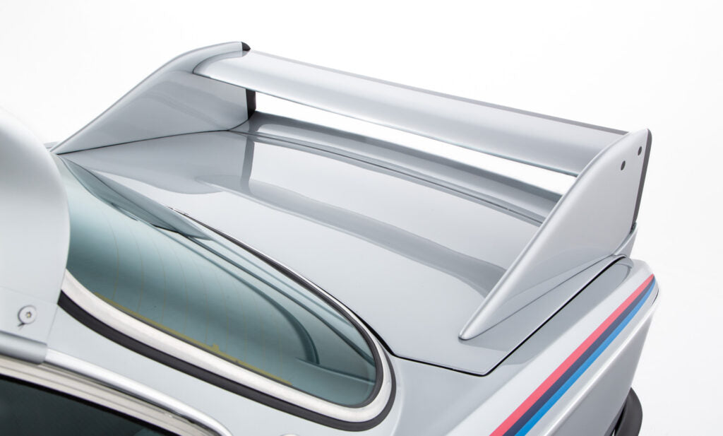 Car spoiler on a vintage silver 1973 BMW 3.2 CSL Batmobile