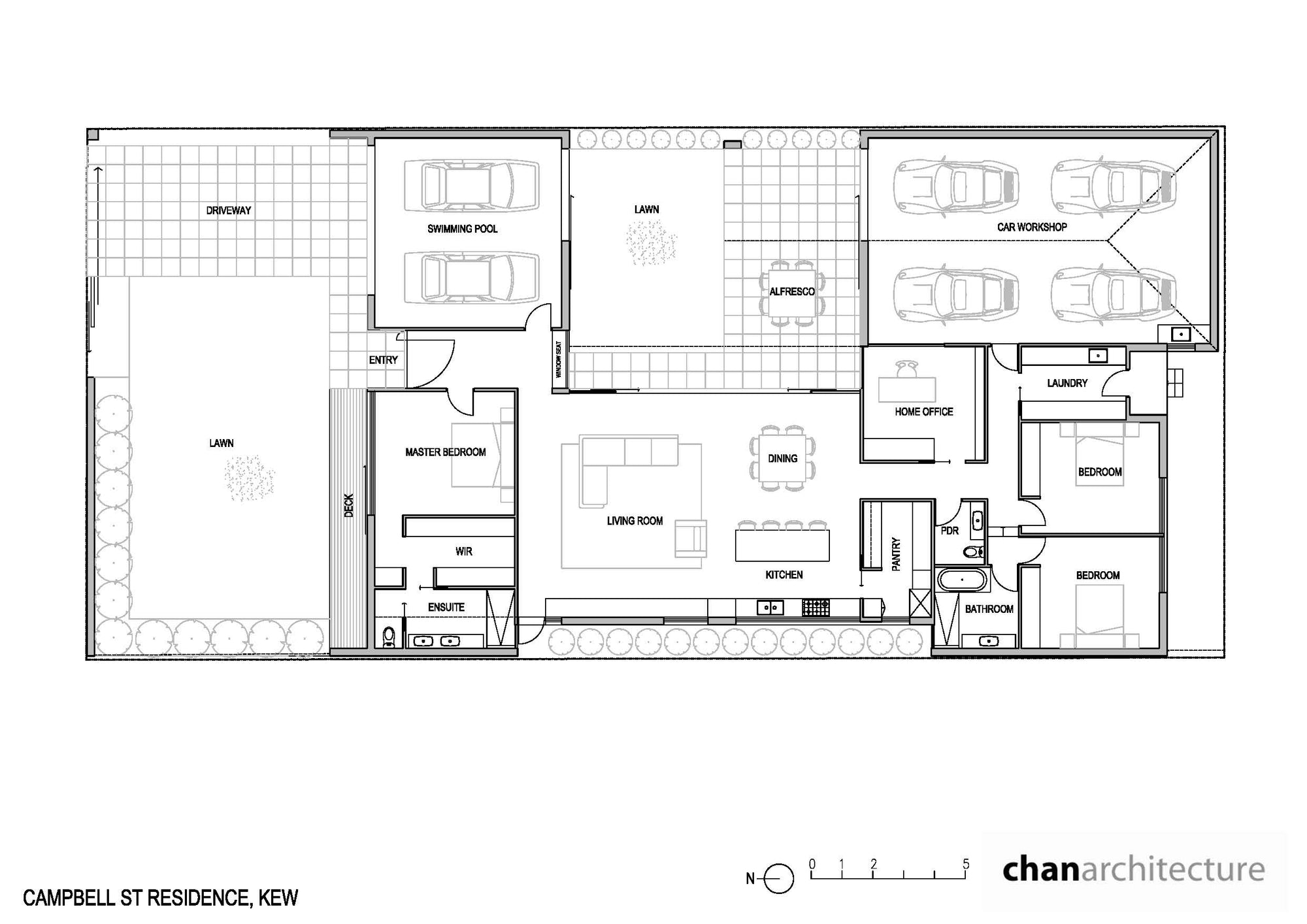 Floor plan of Campbell St Residence showing four-car BMW workshop adjacent to home office in Kew, Melbourne