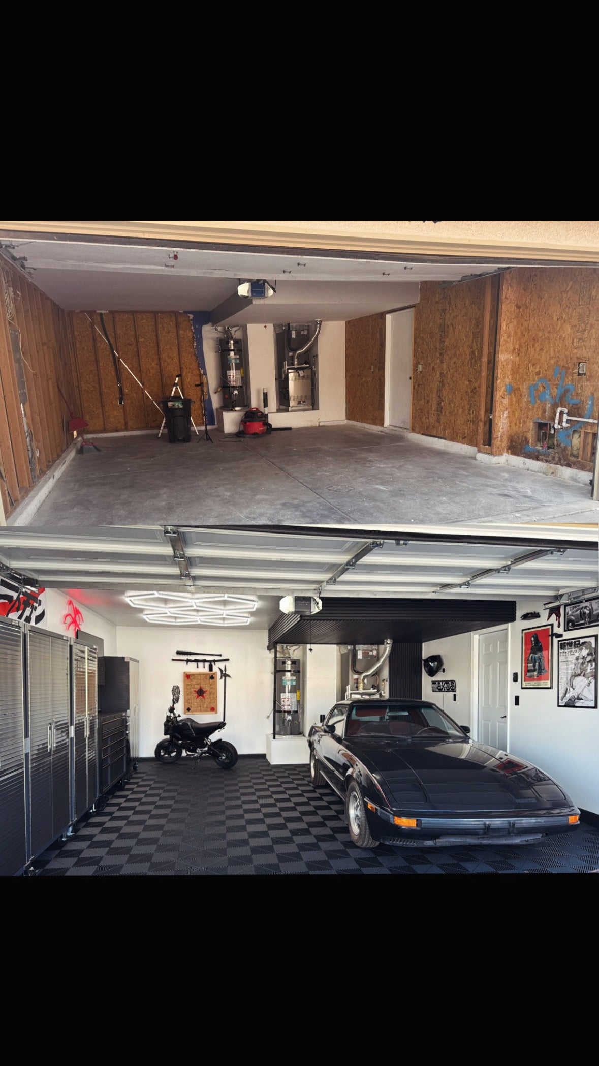 Before and after photo of Las Vegas dream garage with Mazda RX-7, motorcycle, hexagonal lights, and JDM wall art after renovation