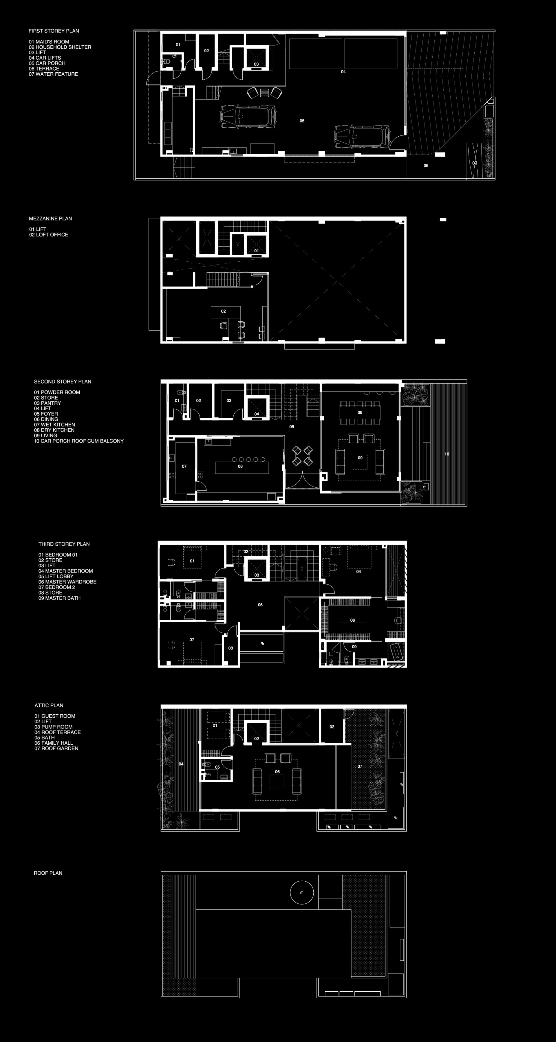 Detailed multi-storey floor plans for the Garage House by Jansen Tan in Singapore, showcasing all levels.