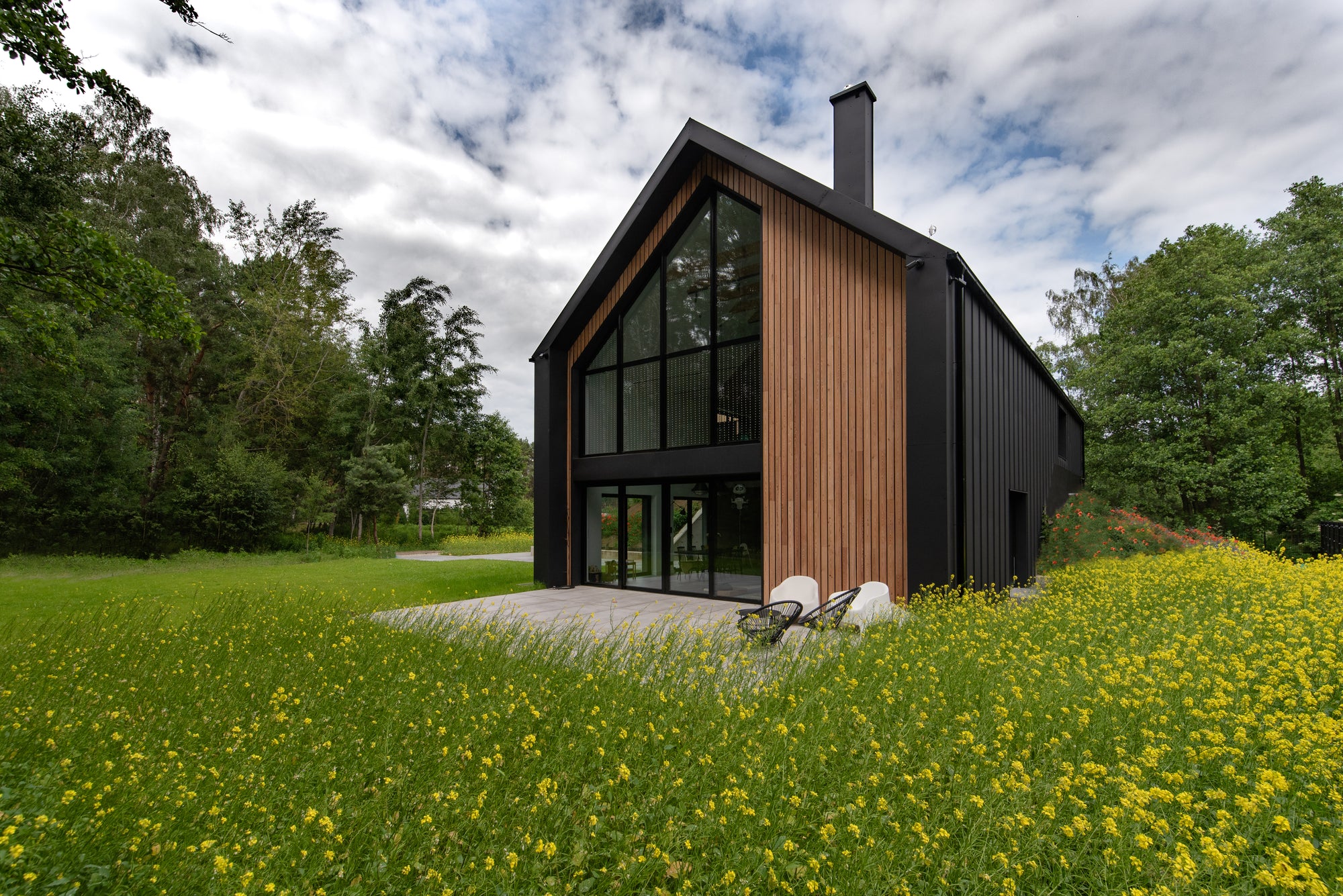 Modern hillside house with wood cladding set in a Poland meadow landscape with wildflowers